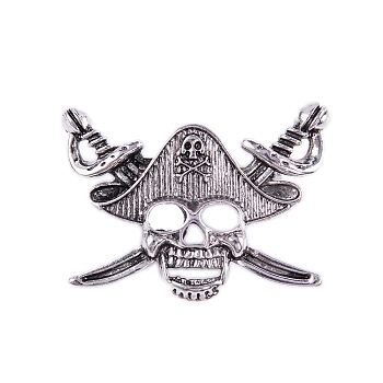 Alloy Pirate Skull Sword Brooch for Halloween, Men's Versatile Pin Accessory, Antique Silver, 40x30mm