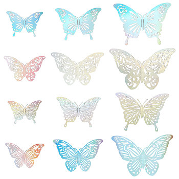 Gorgecraft 8 Sets 4 Colors Paper Mirror Wall Stickers, with Adhesive Tape, for Home Living Room Bedroom Decoration, 3D Butterfly, Mixed Color, 58~87x80~120mm, 12pcs/set