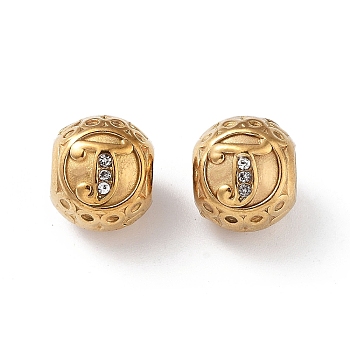 304 Stainless Steel Rhinestone European Beads, Round Large Hole Beads, Real 18K Gold Plated, Round with Letter, Letter J, 11x10mm, Hole: 4mm