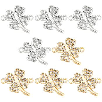 BENECREAT 8Pcs 2 Colors Brass Micro Pave Cubic Zirconia Connector Charms, Clover Links, Platinum & Golden, 14.5x16.5x2mm, Hole: 1mm, 4pcs/color