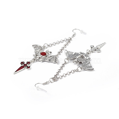 FireBrick Enamel Bat with Cross Pendant Necklace & Dangle Earrings(SJEW-G081-03AS)-6