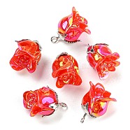 Opaque Resin Pendants, AB Color, Flower Charms with Platinum Plated Alloy Leaf, Red, 22.5x18x17mm, Hole: 2.3mm(RESI-K031-04B-G)