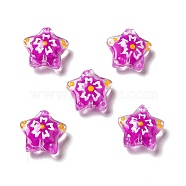 Handmade Lampwork Beads, Star with Flower Pattern, Magenta, 12~12.5x12.5~13x6~6.5mm, Hole: 0.9~1mm(LAMP-M011-04B)