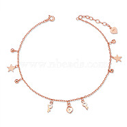 SHEGRACE 925 Sterling Silver Charm Anklets, with Cable Chains, Star & Lock & Key, Rose Gold, 8-1/2 inch(21.5cm)(JA121A)