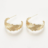 Brass Stud Earrings, Half Hoop Earrings, Leaf, Nickel Free, Real 18K Gold Plated, 24x11.5mm, Pin: 0.8mm(X-KK-T027-83G)