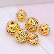 Alloy Rhinestone Beads, Hollow, Crystal, Round, Golden, 10x9mm, Hole: 1.2mm, 100pcs/bag(CW-TAC0001-15B-01G)