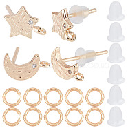 16Pcs 2 Style Brass Stud Earring Findings, with Vertical Loops & 50Pcs Open Jump Rings & 50Pcs Plastic Ear Nuts, Crescent Moon and Star, Golden, 7~8.5x5~6.5mm, Hole: 0.5~0.7mm, Pin: 0.7mm, 8Pcs/style(KK-CN0001-89)