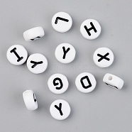 Opaque Acrylic Beads, with Enamel, Horizontal Hole, Flat Round with Initial Letter, Black, White, 9.5x4.5mm, Hole: 2mm, 1580pcs/500g(SACR-T338-11A)