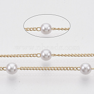 Handmade Brass Chains, with Round ABS Plastic Imitation Pearl Beads, Soldered, with Spool, Creamy White, Light Gold, 2x1.2x0.4mm, about 39.37 Feet(12m)/roll(CHC-T008-05LG)
