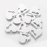 201 Stainless Steel Charms, Heart with Key, Stainless Steel Color, 14.8x15x1mm, Hole: 1.5mm(STAS-S105-T140)