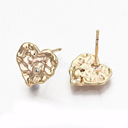 Hammered Brass Micro Pave Clear Cubic Zirconia Stud Earring Findings, with Loop, Nickel Free, Heart, Real 18K Gold Plated, 11x11.5mm, Hole: 1.6mm, Pin: 0.8mm(KK-N231-221-NF)