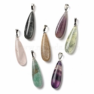 Natural Mixed Stone Pendants, Teardrop Charms with Rack Plating Platinum Tone Brass Snap on Bails, 34~34.5x10~10.5x6~6.5mm, Hole: 6.5x3mm(G-Q192-07P)