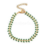 Enamel Ear of Wheat Link Chains Bracelet, Vacuum Plating 304 Stainless Steel Jewelry for Women, Sea Green, 6-7/8 inch(17.6cm)(BJEW-P271-02G-07)