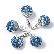 Polymer Clay Rhinestone Pendants, with Platinum Tone Iron Pinch Bail, Round, Steel Blue, PP12(1.8~1.9mm), 13x10mm, Hole: 4.5x3.5mm(RB-S055-38D)