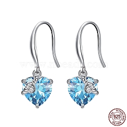 Cubic Zirconia Heart Dangle Earrings, Real Platinum Plated Rhodium Plated 925 Sterling Silver Earrings for Women, Deep Sky Blue, 26mm(EJEW-P231-46P-03)