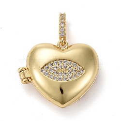 Brass Micor Pave Clear Cubic Zirconia Diffuser Locket Pendants, Long-Lasting Plated, Lead Free & Cadmium Free, Heart with Eye, Real 18K Gold Plated, Heart: 19x23x8mm, Hole: 5.5x3mm, Inner Diameter: 17x14mm(ZIRC-E165-13G)