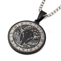 Retro Mandala 201 Stainless Steel Box Chain Constellation Pendant Necklaces for Women Men, Black, Taurus, 28.35 inch(72cm)(NJEW-M223-01K)