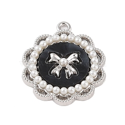 Rack Plating Alloy with Acrylic Pendants, with ABS Imitation Pearl Beads, Flower with Bowknot, Black, 25.5x22x3.5mm, Hole: 2mm(FIND-B037-02P-01)