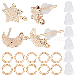 16Pcs 2 Style Brass Stud Earring Findings, with Vertical Loops & 50Pcs Open Jump Rings & 50Pcs Plastic Ear Nuts, Crescent Moon and Star, Golden, 7~8.5x5~6.5mm, Hole: 0.5~0.7mm, Pin: 0.7mm, 8Pcs/style(KK-CN0001-89)