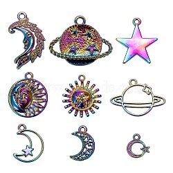 18Pcs 9 Style Rainbow Color Alloy Pendants, Cadmium Free & Nickel Free & Lead Free, Moon, Moon with Star, Flat Round with Moon & Sun, Sun, Planet, 12~29x11~32x1.5~3mm, Hole: 1.6~2mm, 2pcs/style(FIND-LS0001-18MC)
