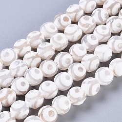 Tibetan Style 3-Eye dZi Beads, Natural Agate, Dyed, Faceted, Round, White, 10mm, Hole: 1mm(TDZI-G341-10mm-02)