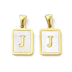 Ion Plating(IP) 304 Stainless Steel Pave Shell Pendants, Rectangle Charm, Real 18K Gold Plated, Letter J, 17.5x12x1.5mm, Hole: 3x5mm(X-STAS-G327-01G-J)