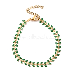 Enamel Ear of Wheat Link Chains Bracelet, PVD Vacuum Plating 304 Stainless Steel Jewelry for Women, Sea Green, 6-7/8 inch(17.6cm)(BJEW-P271-02G-07)