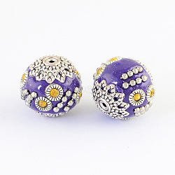 Round Handmade Indonesia Beads, with Topaz Rhinestones and Alloy Cores, Antique Silver, Mauve, 16~17x15~16mm, Hole: 1~2mm(IPDL-R408-05)