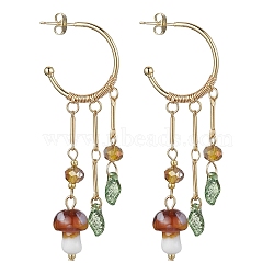 Golden 304 Stainless Steel Half Hoop Earrings, Lampwork Mushroom Drop Stud Earrings, Coconut Brown, 70x23.5x10~12mm(EJEW-JE05675-01)