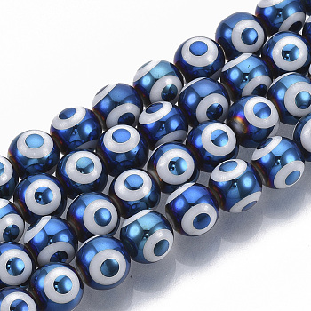 Electroplate Glass Beads Strands, Round with Evil Eye Pattern, Steel Blue, 8x7.5mm, Hole: 1.2mm, about 40pcs/strand, 12.2 inch