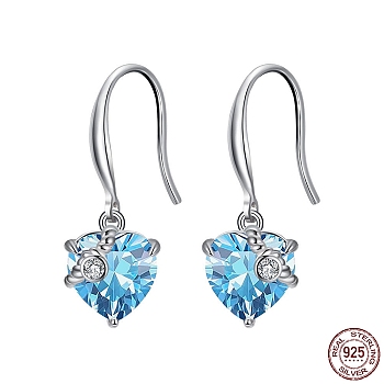 Cubic Zirconia Heart Dangle Earrings, Real Platinum Plated Rhodium Plated 925 Sterling Silver Earrings for Women, Deep Sky Blue, 26mm