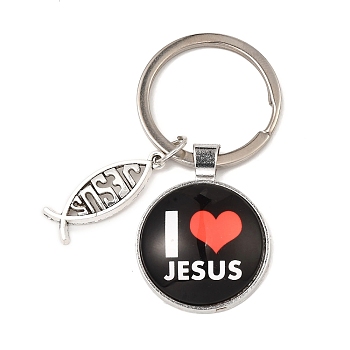 I Love Jesus Symbol Glass Pendant Keychain with Alloy Jesus Fish Charm, with Iron Findings, Half Round, Black, 6.2cm