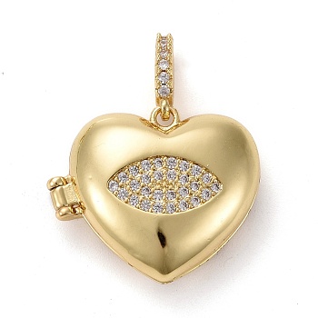 Brass Micor Pave Clear Cubic Zirconia Diffuser Locket Pendants, Long-Lasting Plated, Lead Free & Cadmium Free, Heart with Eye, Real 18K Gold Plated, Heart: 19x23x8mm, Hole: 5.5x3mm, Inner Diameter: 17x14mm