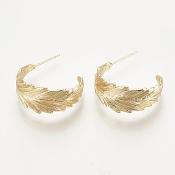Brass Stud Earrings, Half Hoop Earrings, Leaf, Nickel Free, Real 18K Gold Plated, 24x11.5mm, Pin: 0.8mm