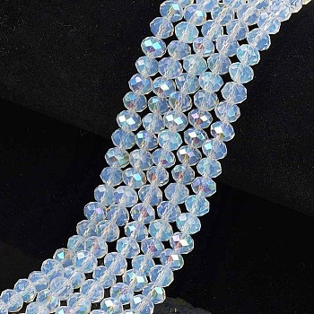 Electroplate Glass Beads Strands, Imitation Jade Beads, Half Plated, Rainbow Plated, Faceted, Rondelle, Clear, 10x8mm, Hole: 1mm, about 63~65pcs/strand, 19.2~20 inch(48~50cm)