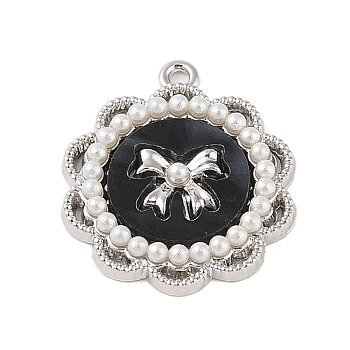 Rack Plating Alloy with Acrylic Pendants, with ABS Imitation Pearl Beads, Flower with Bowknot, Black, 25.5x22x3.5mm, Hole: 2mm