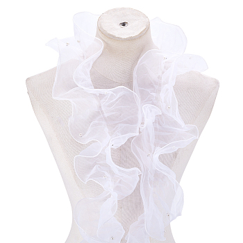 2M Organza Ribbon, with Resin Imitation Pearl Beads, Lace Edge Trim for Applique Sewing Craft Wedding Dress, White, 120~130mm, about 2.19 Yards(2m)/pc