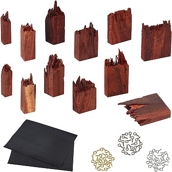 Unfinished Broken Blood Sandalwood Sets, for DIY Epoxy Resin, UV Resin Jewelry Pendant, Rings, Necklaces Making, with Waterproof Sandpaper Abrasive Paper and Iron Pinch Bails, For Half Drilled Beads, Sandy Brown, 41~58.5x40~41x14~15mm