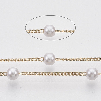 Handmade Brass Chains, with Round ABS Plastic Imitation Pearl Beads, Soldered, with Spool, Creamy White, Light Gold, 2x1.2x0.4mm, about 39.37 Feet(12m)/roll