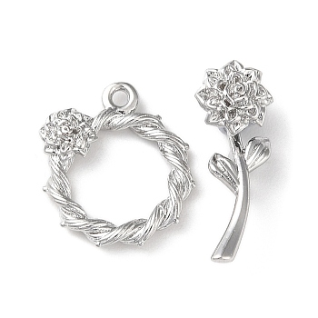 Brass Toggle Clasps, Flower, Real Platinum Plated, Ring: 18x16x4mm, Bar: 7x22x7.5mm, Hole: 1.5mm