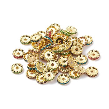 Grade A Brass Rhinestone Spacer Beads, Basketball Wives Spacer Beads for Jewelry Making, Rondelle, Golden, Nickel Free, Assorted Colors, about 12mm in diameter, 4mm thick, hole: 2.5mm