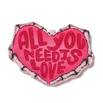 Valentine's Day Printed Acrylic Pendants, Heart with Word "ALL YOU NEED IS LOVE", Hot Pink, 29.5x39.5x2.5mm, Hole: 1.6mm