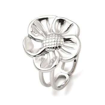 304 Stainless Steel Open Cuff Rings, Flower, Stainless Steel Color, US Size 6 1/2(16.9mm)
