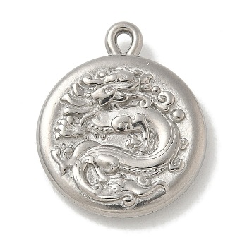 304 Stainless Steel Pendants, Flat Round with Dragon Charms, Stainless Steel Color, 23.5x19.5x4.5mm, Hole: 1x2mm