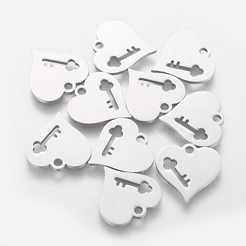 201 Stainless Steel Charms, Heart with Key, Stainless Steel Color, 14.8x15x1mm, Hole: 1.5mm