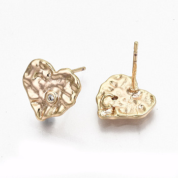 Hammered Brass Micro Pave Clear Cubic Zirconia Stud Earring Findings, with Loop, Nickel Free, Heart, Real 18K Gold Plated, 11x11.5mm, Hole: 1.6mm, Pin: 0.8mm