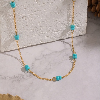 Minimalist Natural Stone Rondelle Beaded with 304 Stainless Steel Link Chain Necklaces, Real 18K Gold Plated, Turquoise, 15.35 inch(39cm), 60mm extender