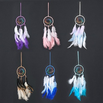Synthetic & Natural Mixed Stone Pendant Decorations, with Cotton Thread, Woven Net/Web with Feather, Mixed Color, 490mm
