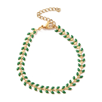 Enamel Ear of Wheat Link Chains Bracelet, Vacuum Plating 304 Stainless Steel Jewelry for Women, Sea Green, 6-7/8 inch(17.6cm)