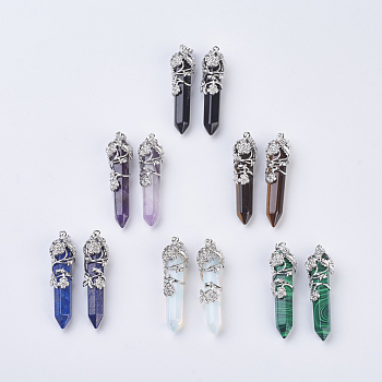 Natural & Synthetic Gemstone Pointed Pendants, with Platinum Brass Findings, Faceted, Bullet, Flower, 58~61x15~17mm, Hole: 5x7mm